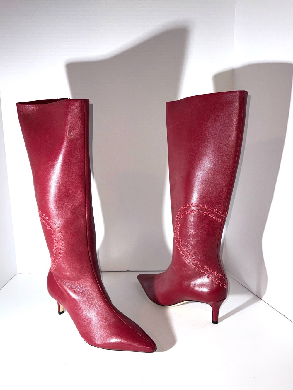 Cinq A Sept Casey Heart Embroidered Kitten Heel Boots